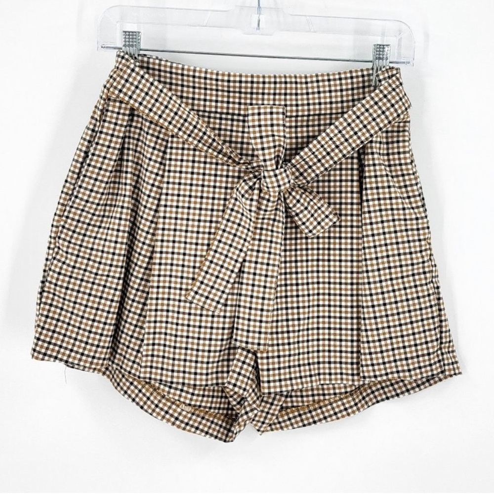 DIVIDED H&M Micro Gingham Fall Neutral Paperbag Elastic Waist Bow Front Shorts 8